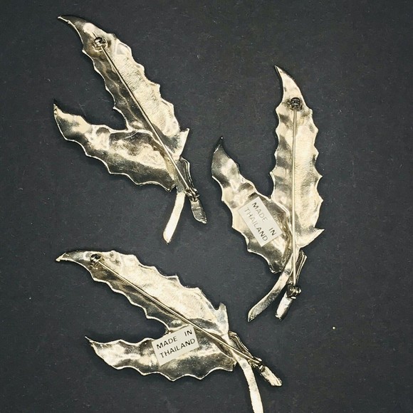 Set of 3 Long Leaf Pin Brooches Silver Tone Metal - Picture 6 of 10